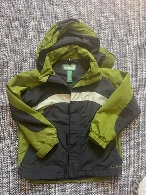 L.L. Bean Kids Hooded Raincoat in Green and Black with Reflective Stripe